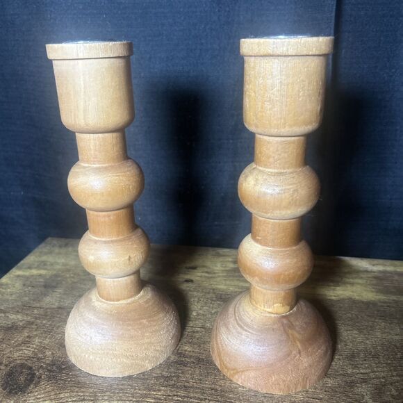 Wood Candlestick Holders Set of 2- 8” Natural Farmhouse Rustic Rounded Design - Picture 4 of 11